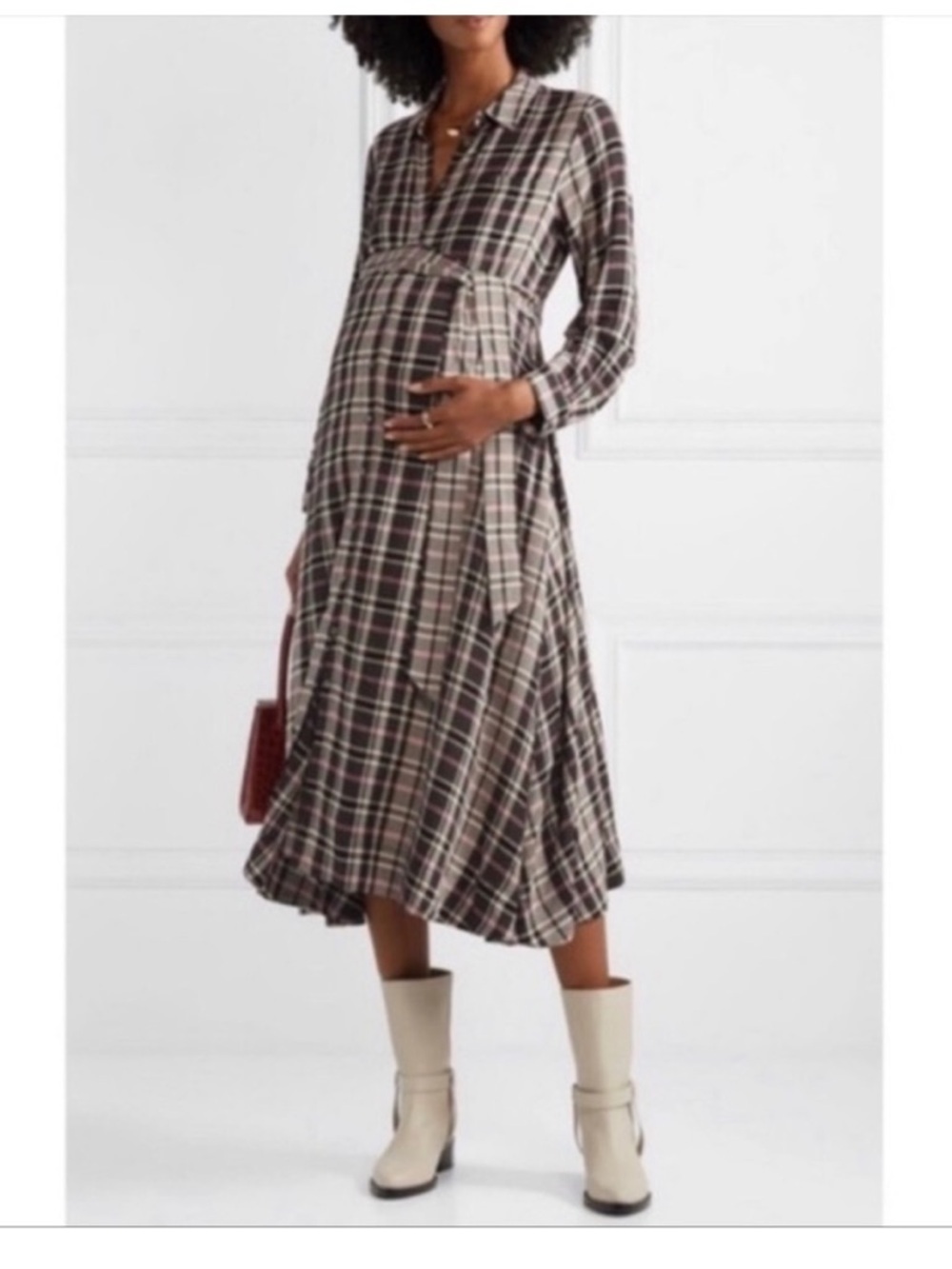 Hatch Alyssa Black Pink Plaid Long Sleeve Button Down Belt Midi Maternity Dress